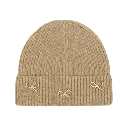 Pearl Bow Embellished Cuff C.C Beanie HTE0148: Ivory