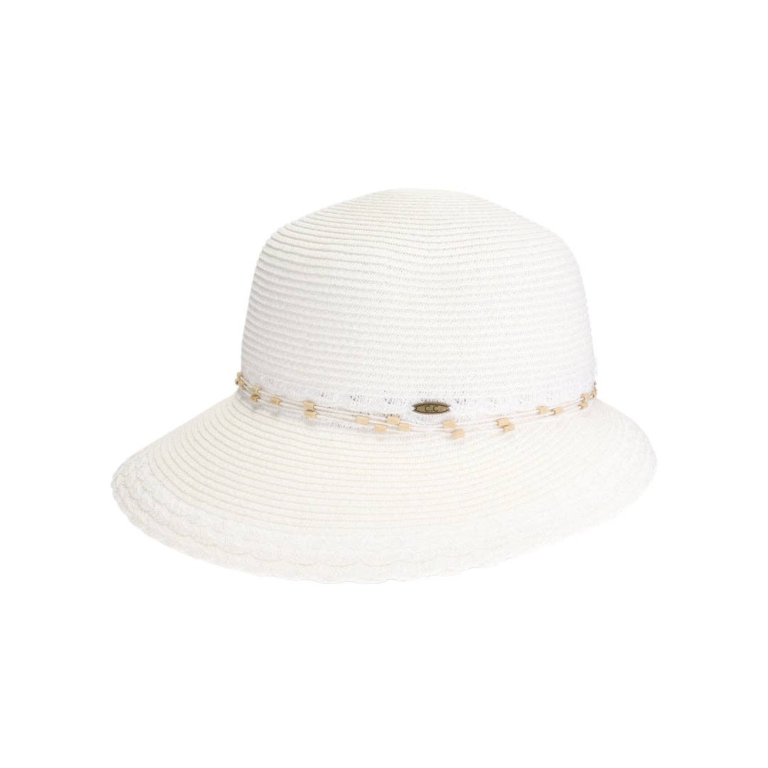 Wooden Bead Trim Cloche C.C Sun Hat STH0026: White