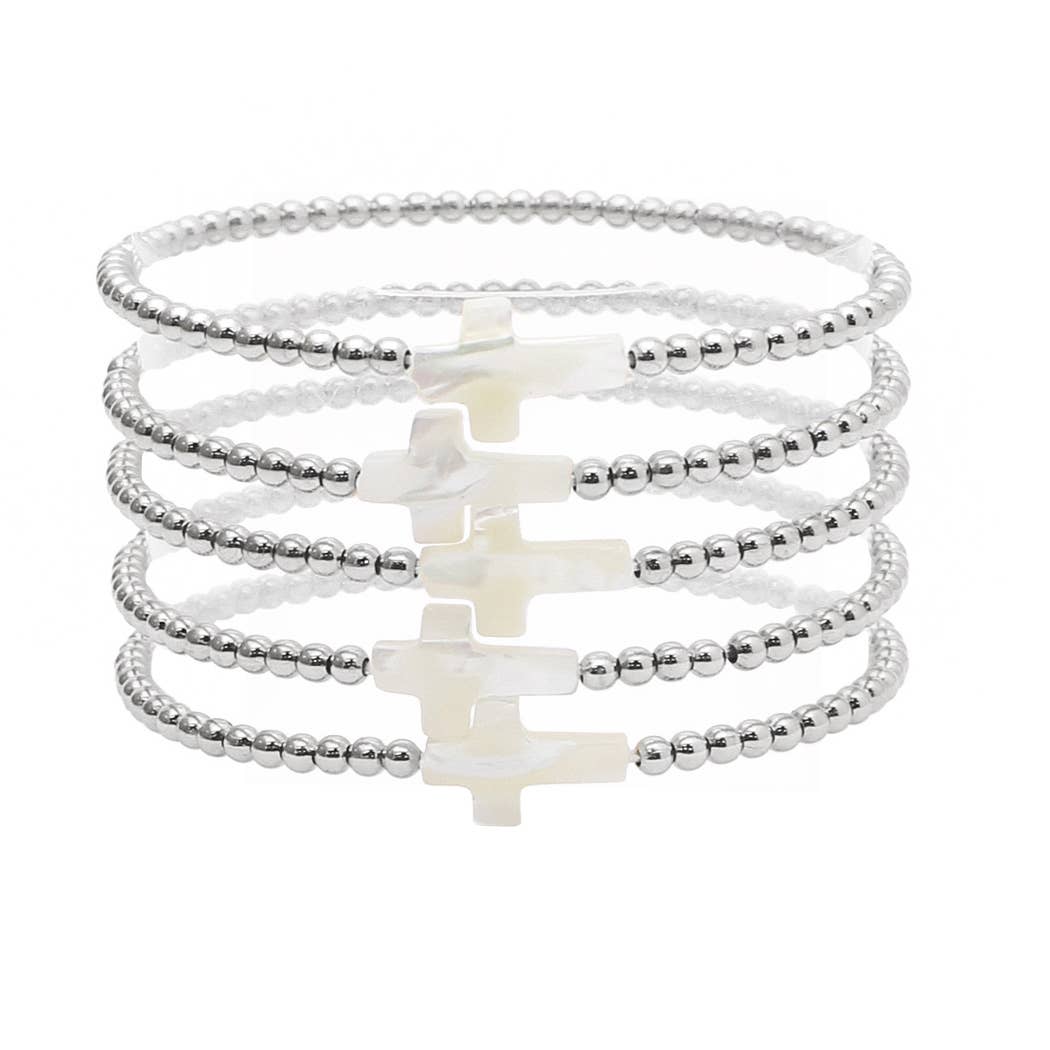 Mother of pearl cross multi layered beded stretch bracelet: Silver / ONE SIZE