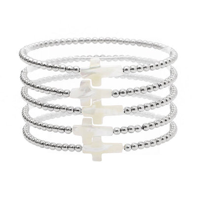 Mother of pearl cross multi layered beded stretch bracelet: Silver / ONE SIZE