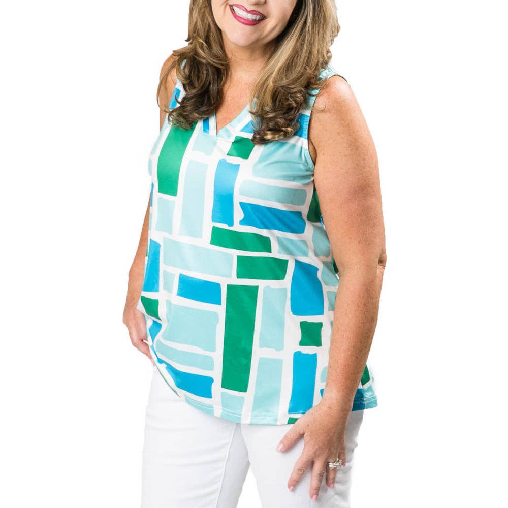 Printed Amy Top- Sale Green and Navy Geometric / Small