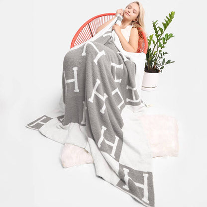 H Initial Monogram Patterned Reversible Throw Blanket: Black faux Hermes