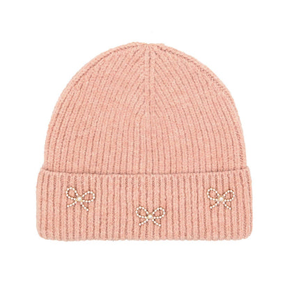 Pearl Bow Embellished Cuff C.C Beanie HTE0148: Ivory