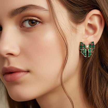 Pearl Accent Holiday Plaid Bow Stud Earrings: Green,Red