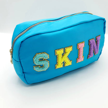 Cosmetic or Toiletry Bag with Varsity Letter Patches: Light Blue with CHEER