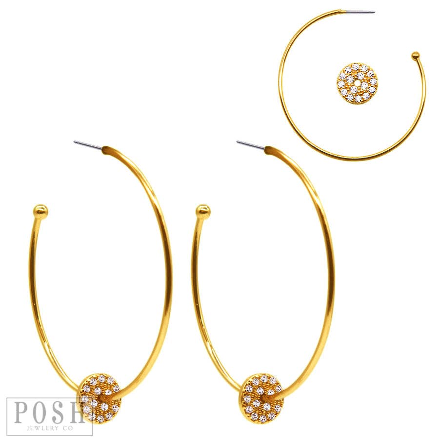 Hoop earring with rhinestone circle charm: Gold