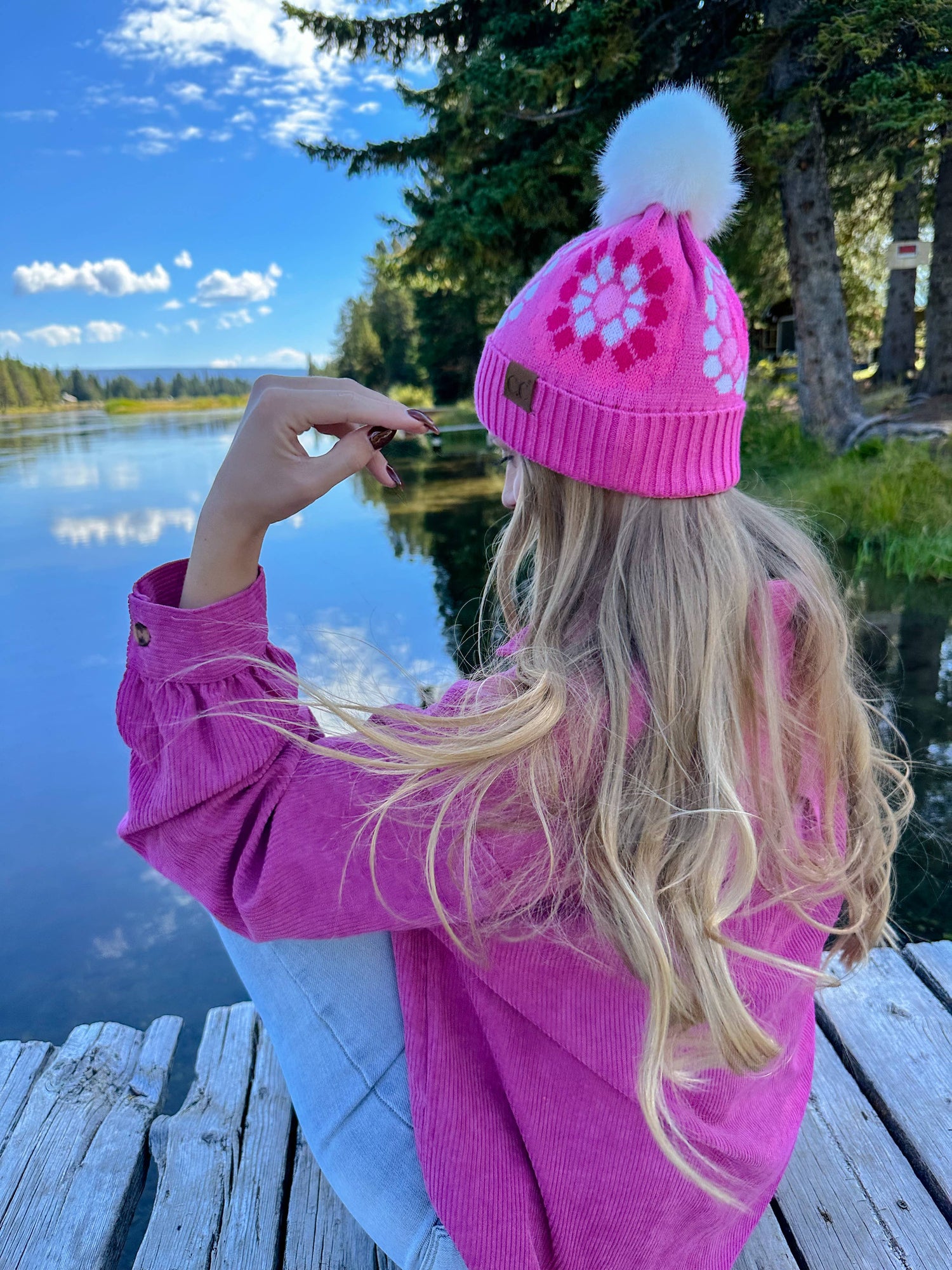 Flower Pattern Pom C.C Beanie HAT7396: Black