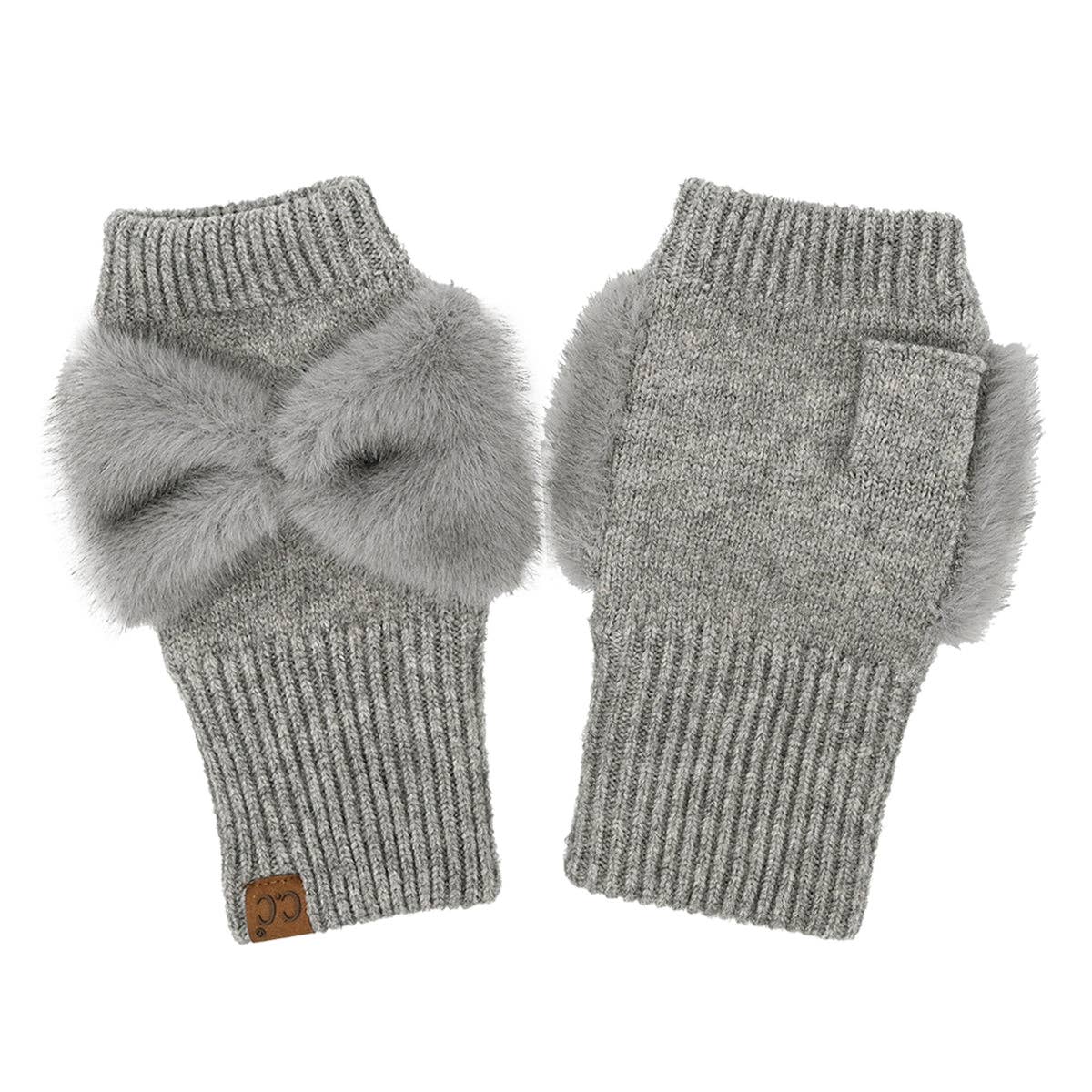 Faux Fur Bow Fingerless C.C Gloves FGE0155: Black