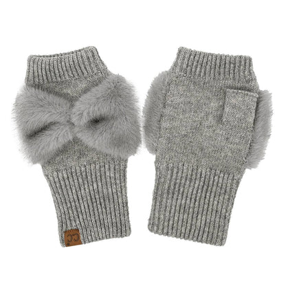Faux Fur Bow Fingerless C.C Gloves FGE0155: Black