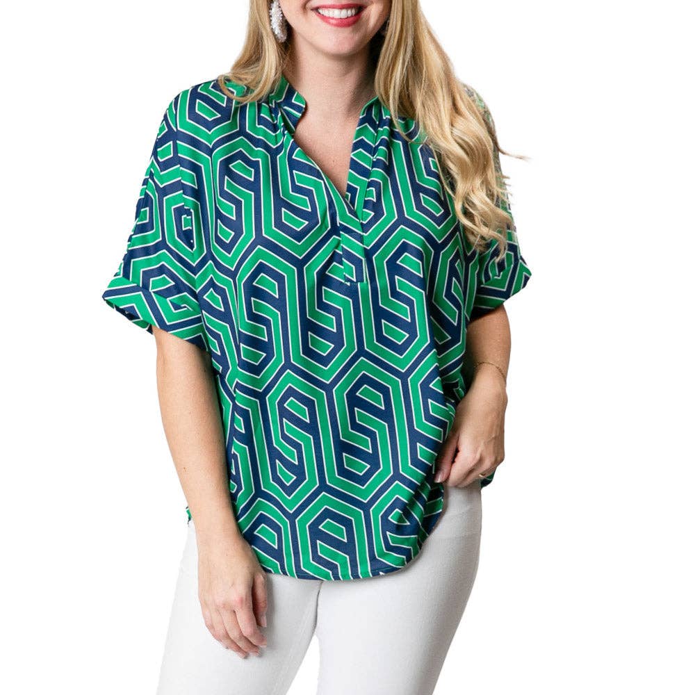 Frida Shirt -  Green and Navy Geometric / Small