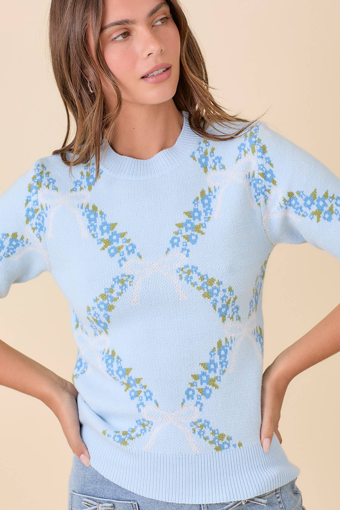 Floral Ribbon Print Sweater Knit Top: BLUE / S