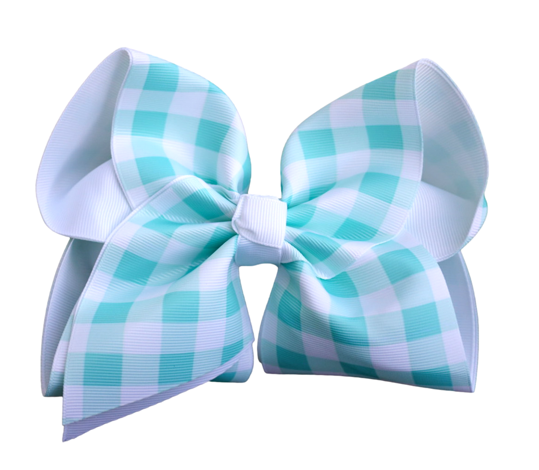 Aqua Check Printed Hair Bow : Nylon Headband / 5 inch