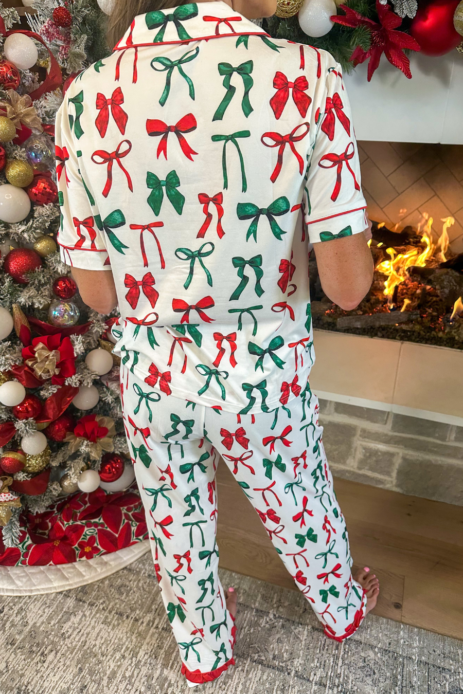 Midnight Bow Christmas Edition Ruffle Pajama Set: White