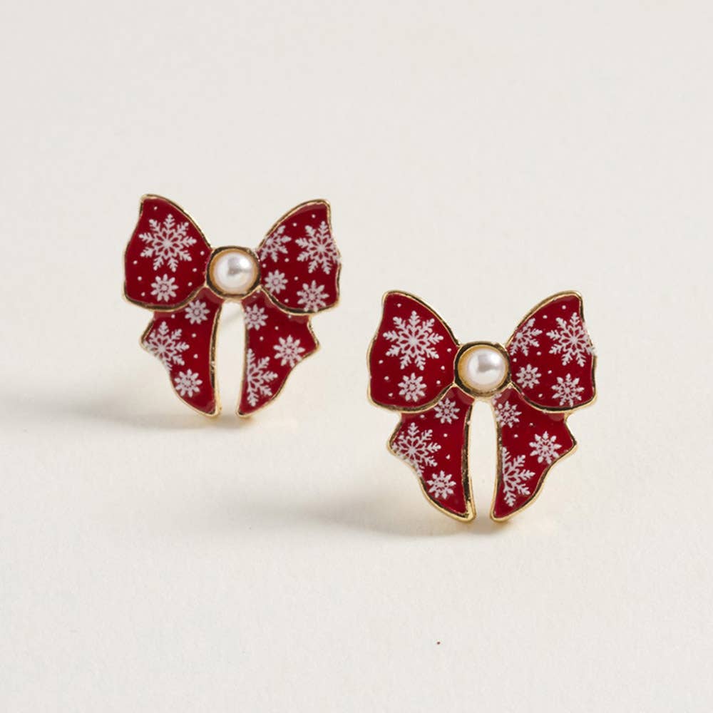 Pearl Accent Holiday Plaid Bow Stud Earrings: Green,Red