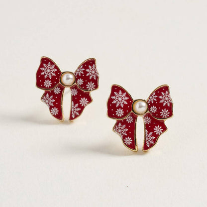 Pearl Accent Holiday Plaid Bow Stud Earrings: Green,Red
