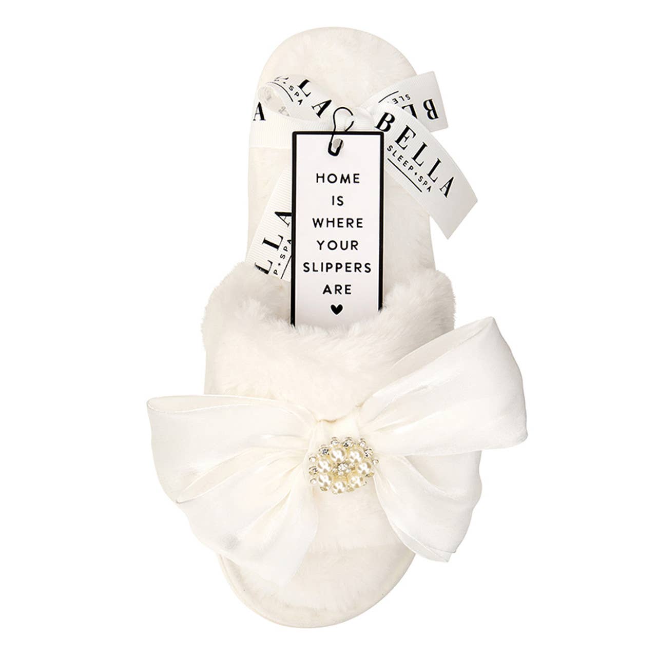 Bella Bridal Plush Slippers - White Crystal Bow: Base Material: 100% Polyester