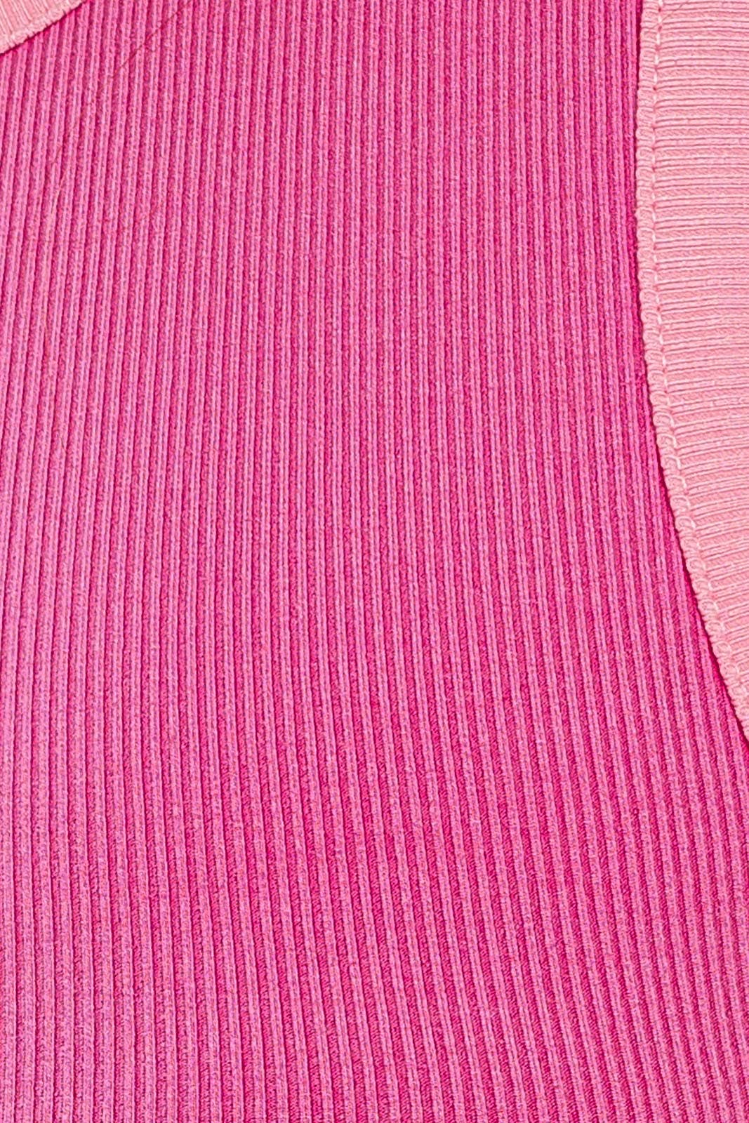 ROUND NECK SLEEVELESS RIBBED COLOR BLOCK BODYSUIT: DK GREEN-NAVY / S