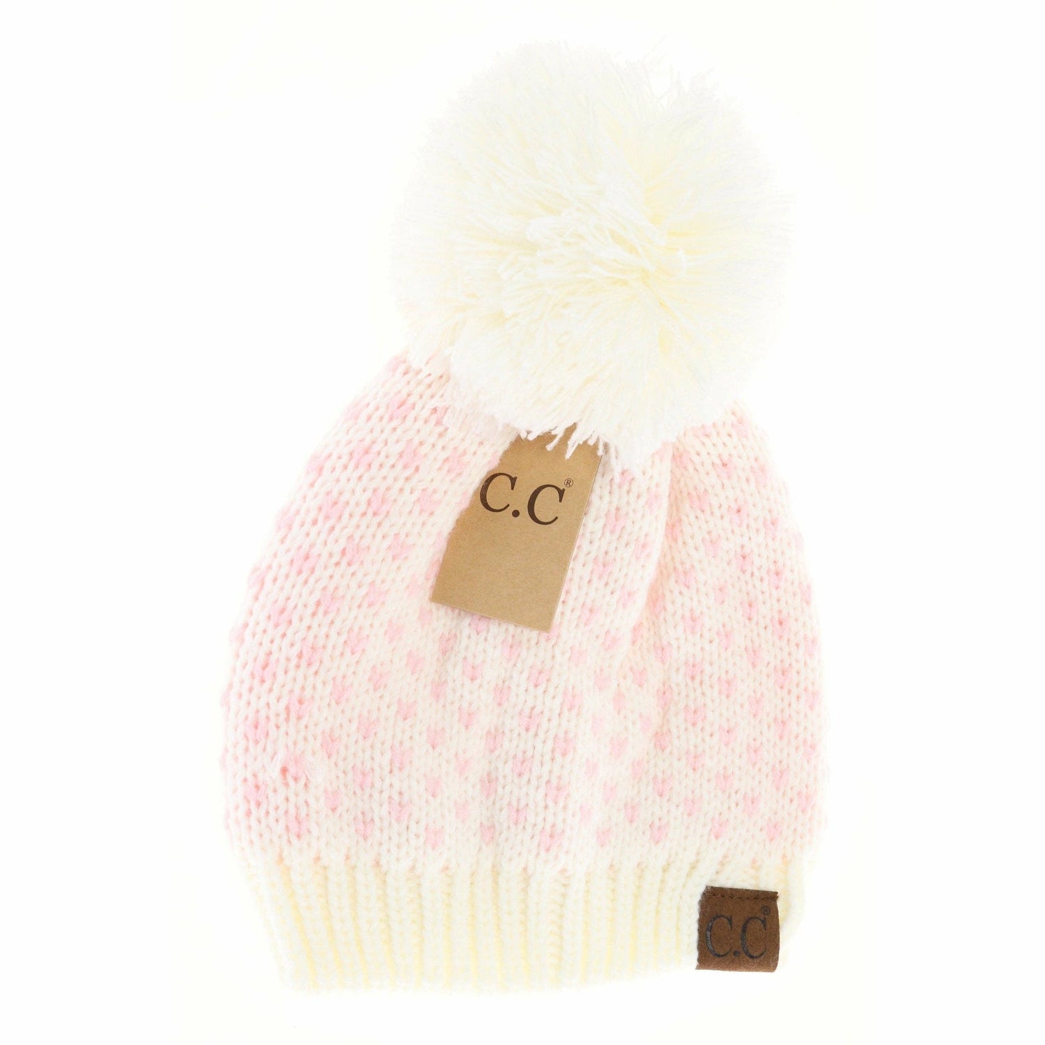 Heart Knit Pom Beanie HAT2088: Ivory/Pink