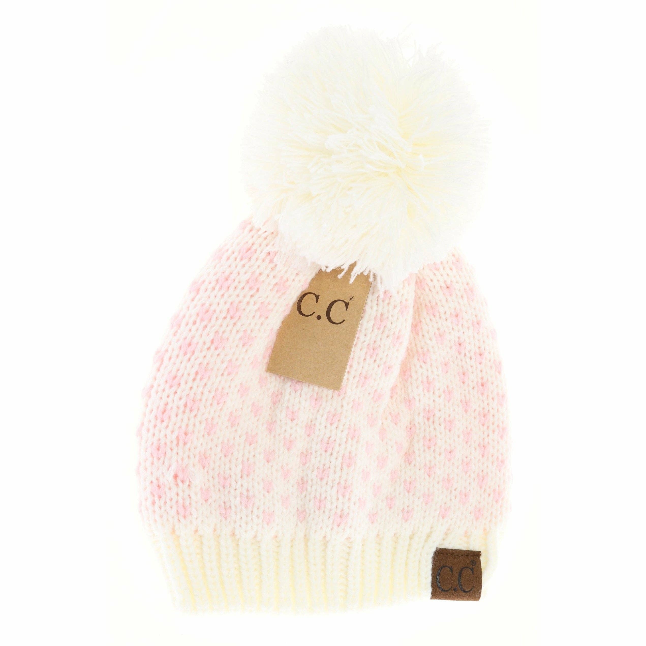 Heart Knit Pom Beanie HAT2088: Ivory/Pink