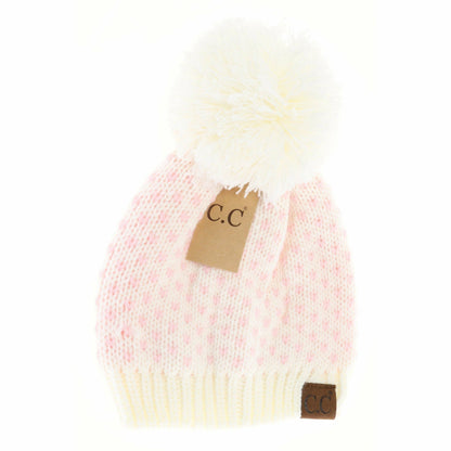 Heart Knit Pom Beanie HAT2088: Ivory/Pink