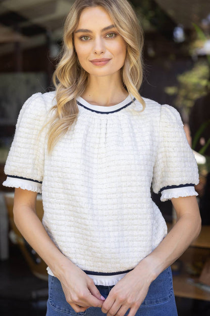 Tweed Puff Sleeve Stripe Ruffle Band Top: Ivory