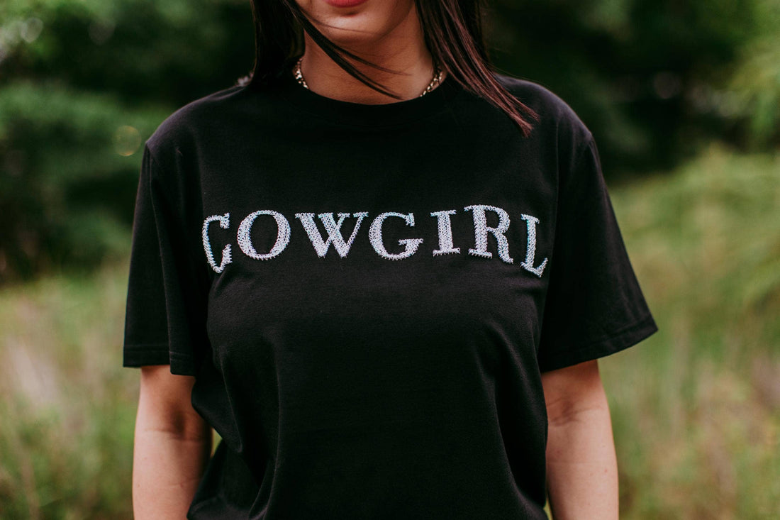 Cowgirl Sequins engraved white 3D embroidery Tee: Black