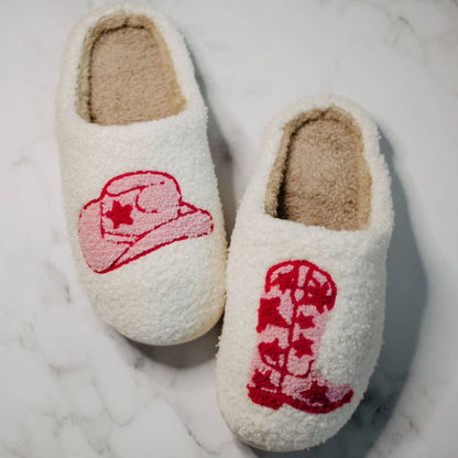 Boot and Cowgirl Hat Western Slippers: White / L/XL