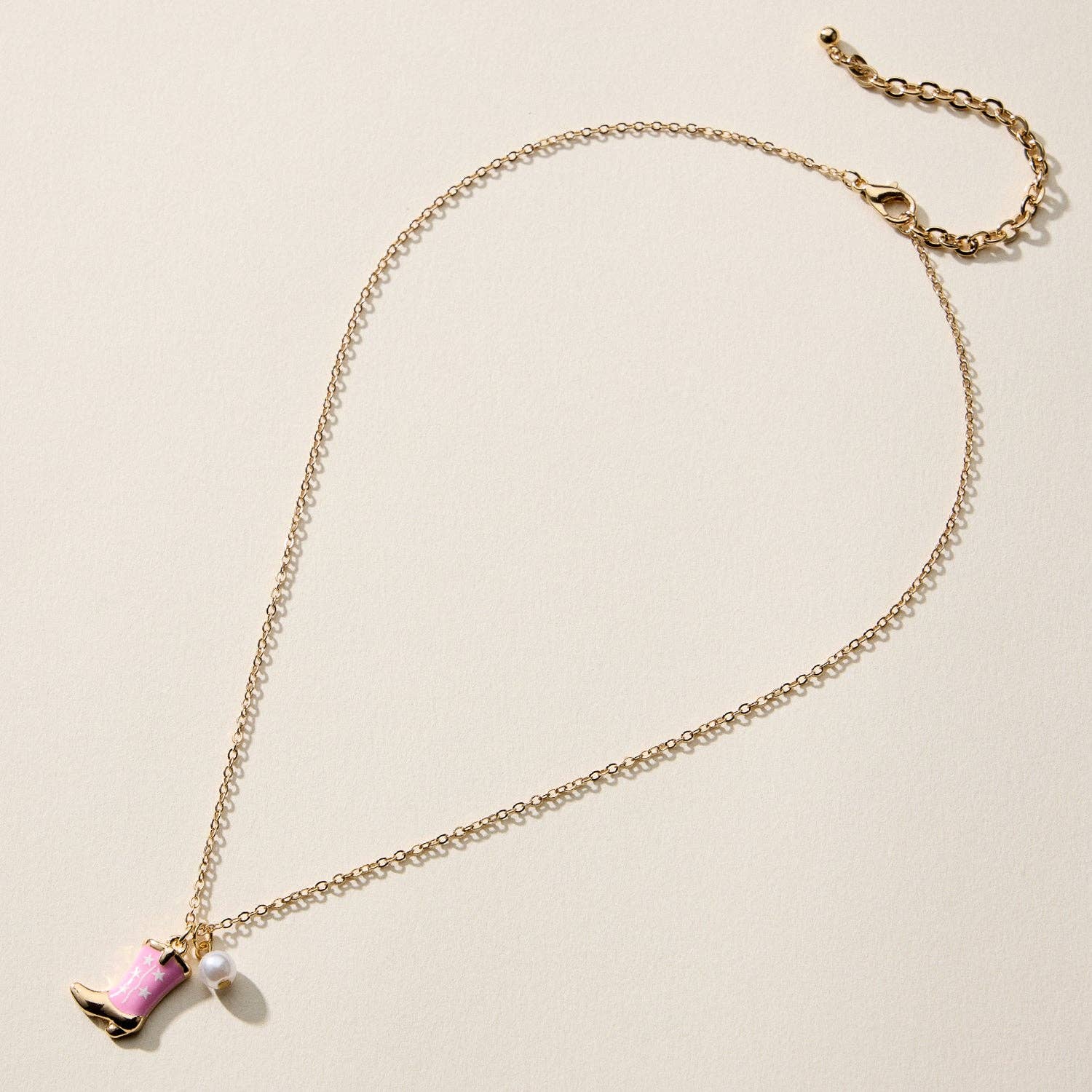 Necklace – Cowboy Boot Pendant with Printed Detail &amp; Pearl Accent: PINK