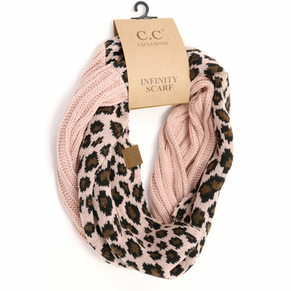 Ribbed Knit Leopard Accent CC Infinity Scarf SF80: Black