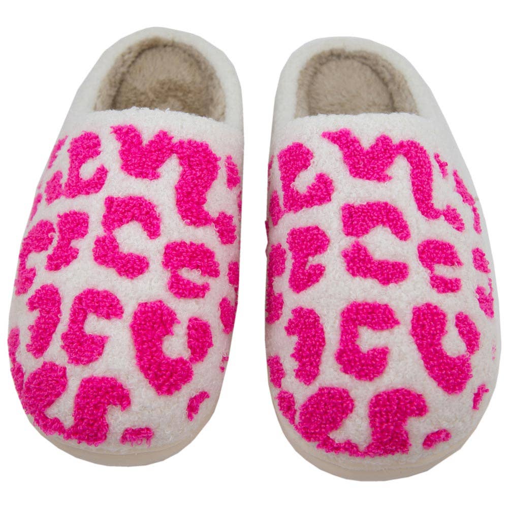 Hot Pink Leopard Slippers for Women: White / S/M
