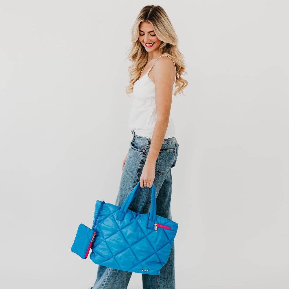 Presley Puffer Quilted Tote Bag With Pouch: Blue
