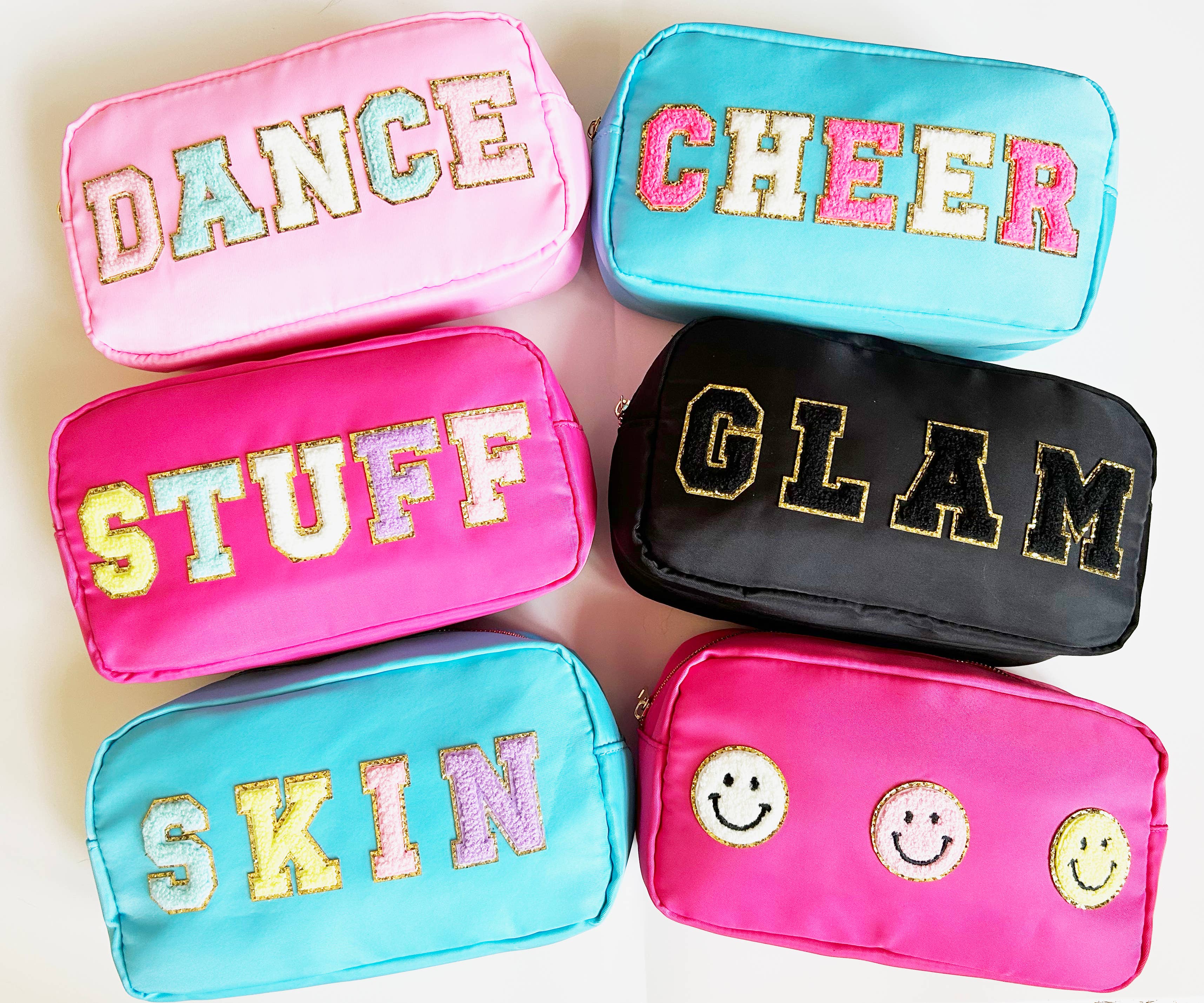 Cosmetic or Toiletry Bag with Varsity Letter Patches: Light Pink with DANCE