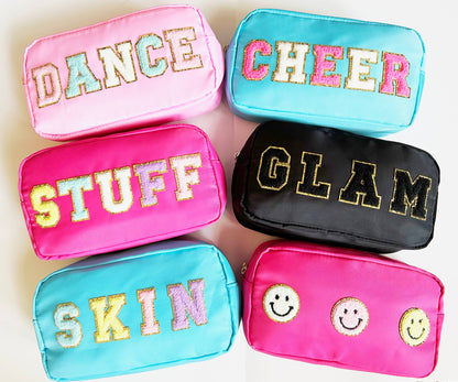 Cosmetic or Toiletry Bag with Varsity Letter Patches: Black with GLAM