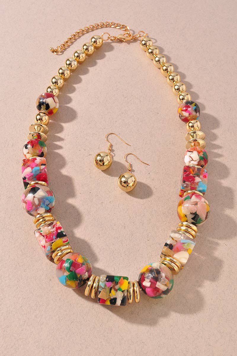 Multicolor Confetti Resin Statement Necklace Set: Multi-Colored