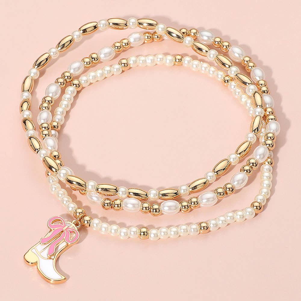 3PCS - Enamel Bow Cowboy Boot Pearl Beaded Multi Layered Bracelet: Gold,Hot Pink