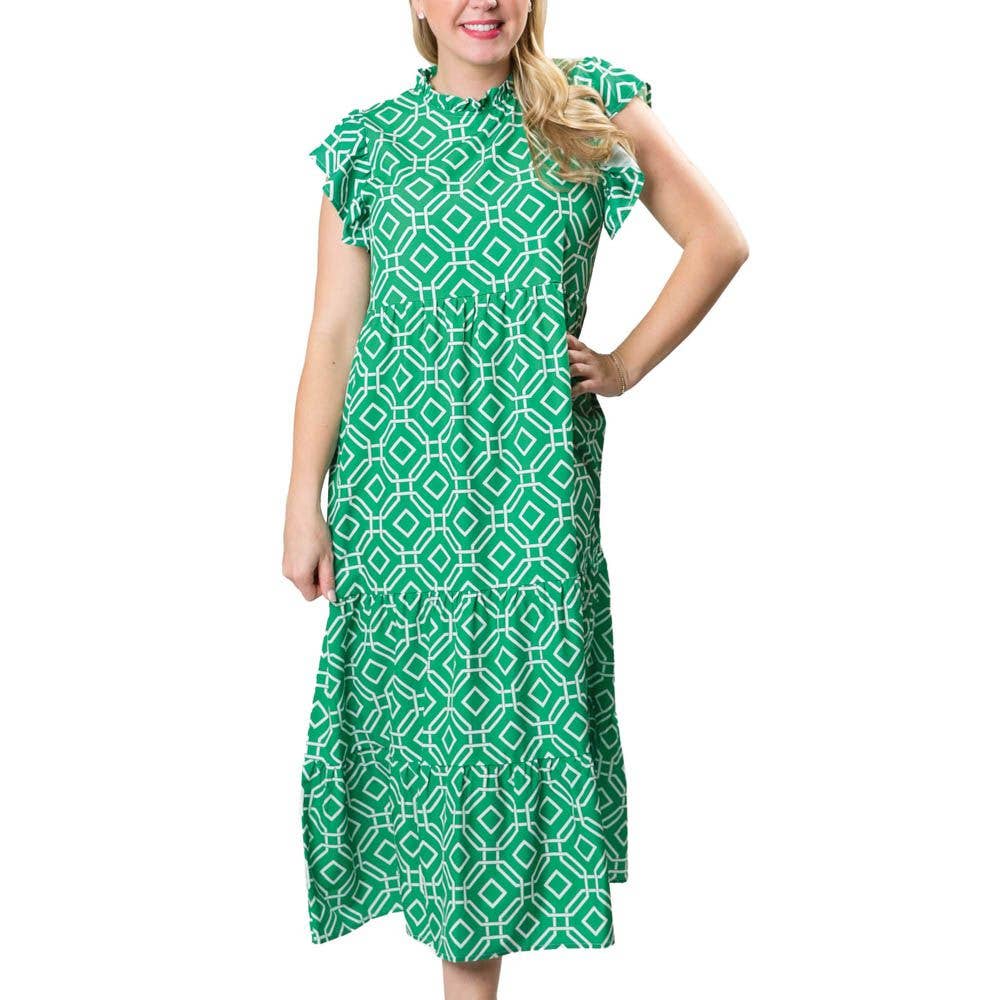 Laura Dress- Green and White Octagon / Medium