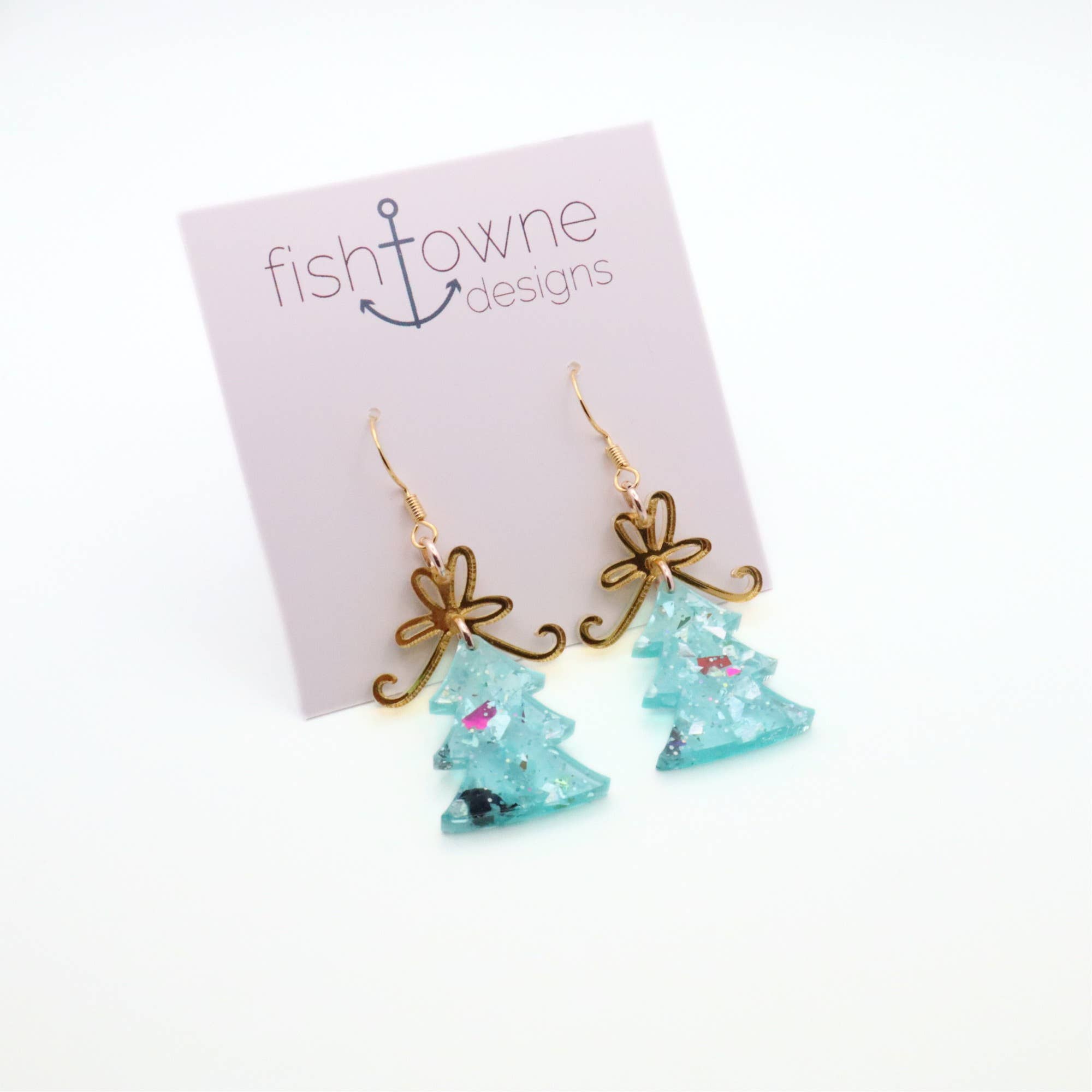 Christmas Tree Dangle Earrings with Glitter and Gold Bow