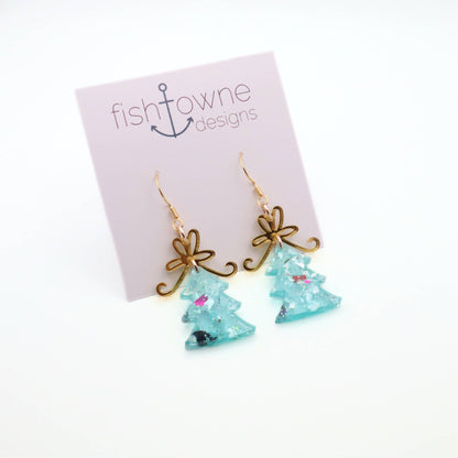Christmas Tree Dangle Earrings with Glitter and Gold Bow