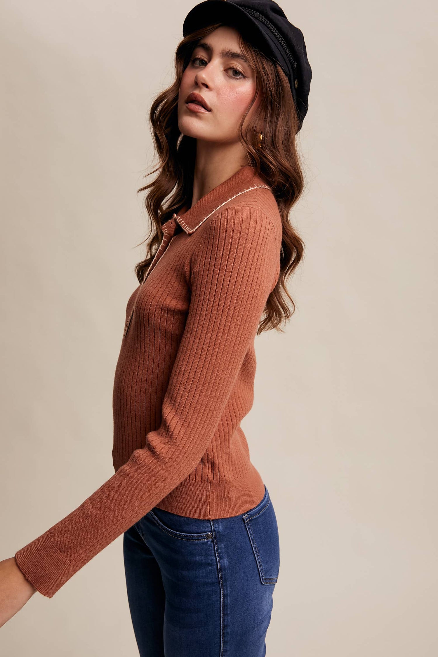 Contrast Stitch Ribbed Knit Top LSW0998: Black / M