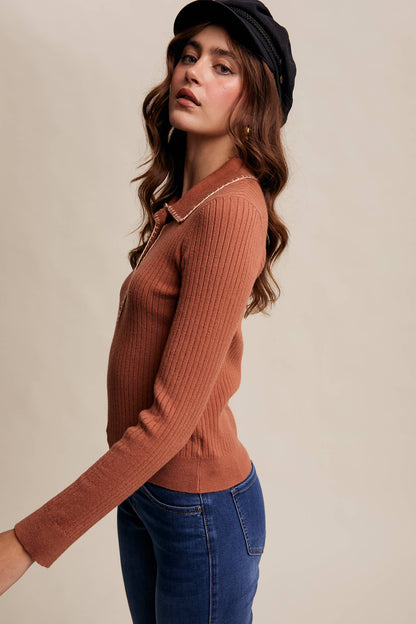 Contrast Stitch Ribbed Knit Top LSW0998: Black / M