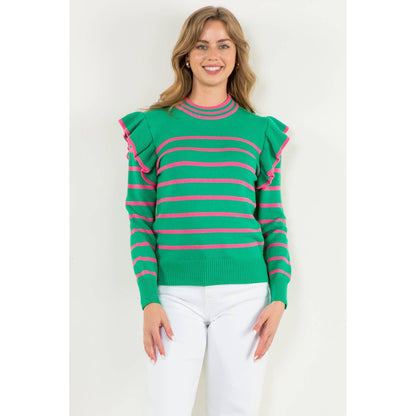 Flutter Detail Striped Sweater: GREEN / M
