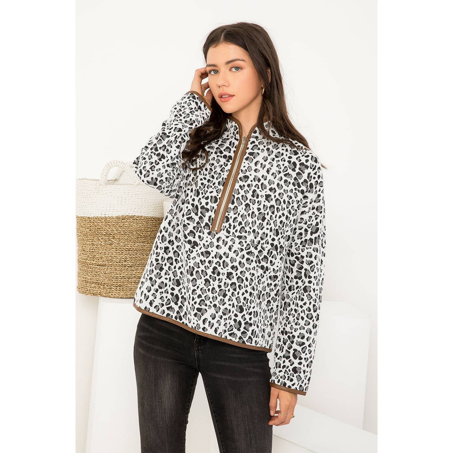 THML Cheetah Half Zip Sweater: WHITE