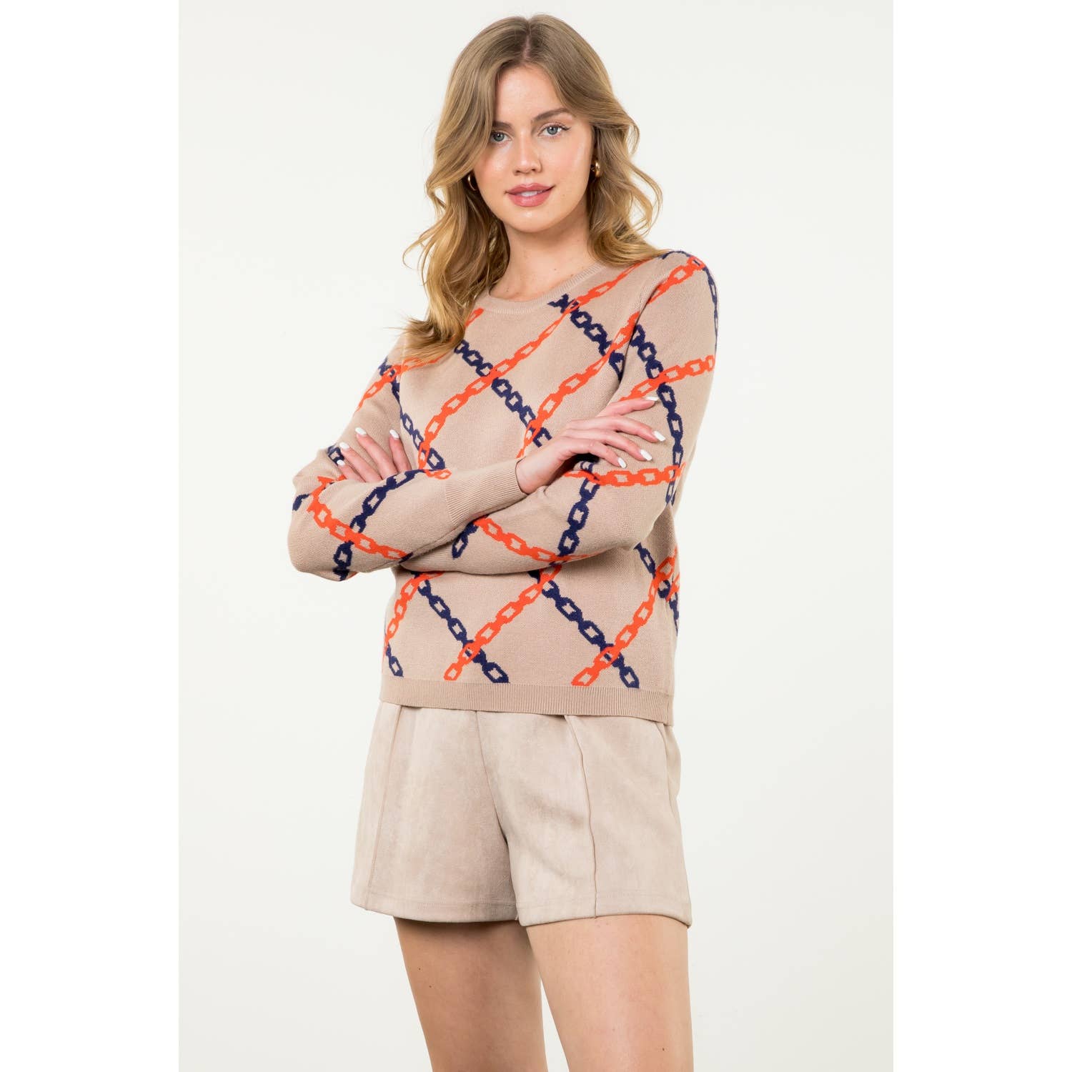 Chain Print Sweater: TAUPE / L