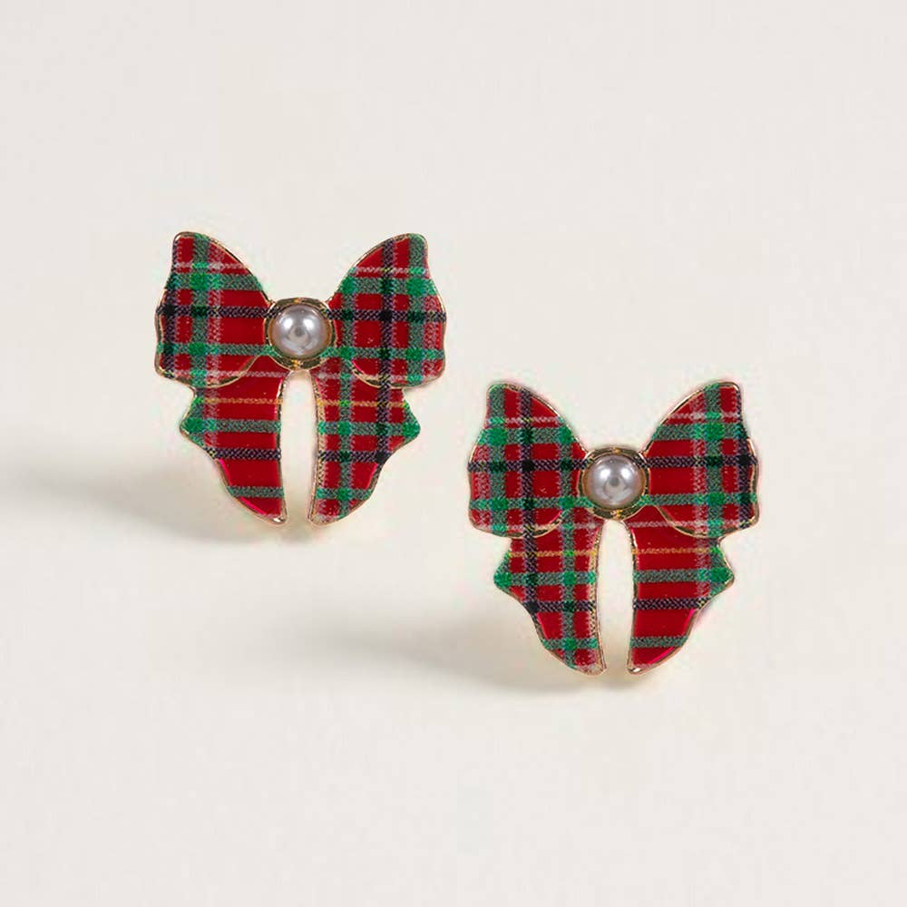 Pearl Accent Holiday Plaid Bow Stud Earrings: Green,Red