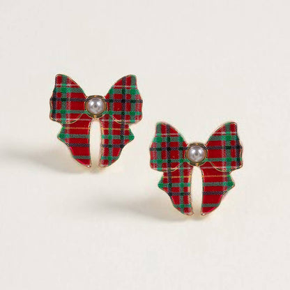 Pearl Accent Holiday Plaid Bow Stud Earrings: Green,Red