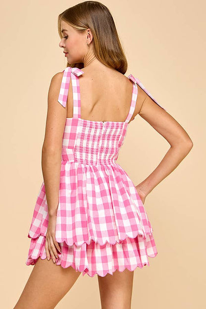 Plaid dress with scallop detail with tied shoulder strap: Baby PINK