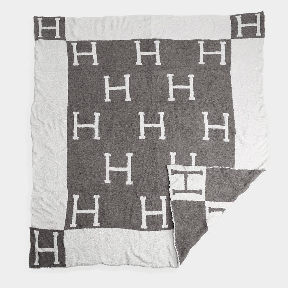 Faux Hermes Initial Monogram Patterned Reversible Throw Blanket: Gray