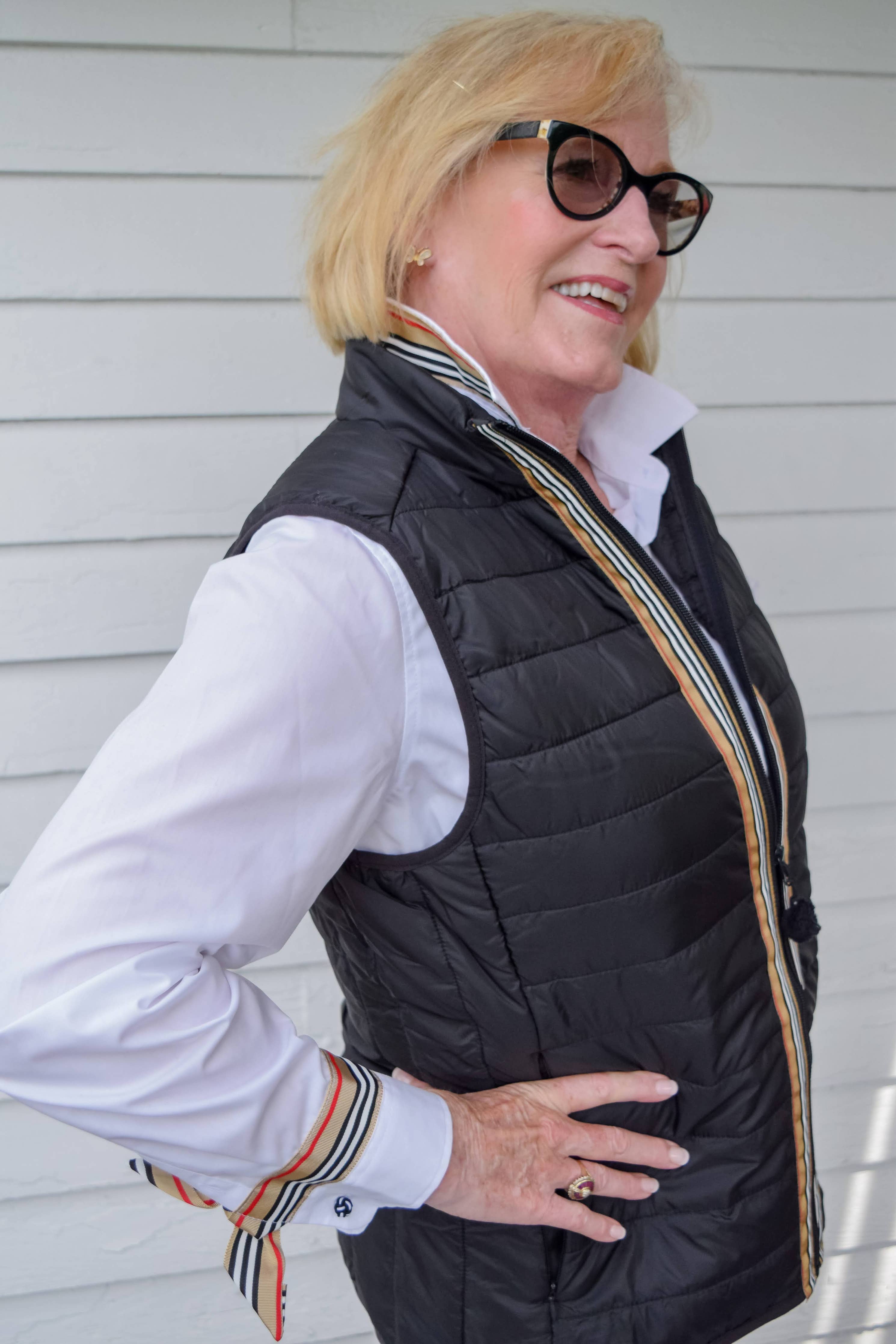 Maggie May Puffer Vest - Black w Kayla Khaki Stripe: Black w Kayla Khaki Stripe Ribbon / M