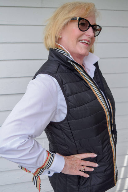 Maggie May Puffer Vest - Black w Kayla Khaki Stripe: Black w Kayla Khaki Stripe Ribbon / M