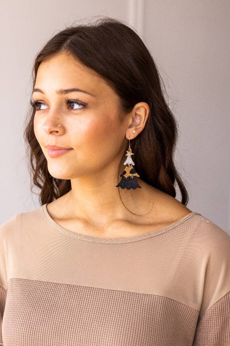 Leopard and Glitter Tiered Christmas Tree Earrings: Leopard / One Size
